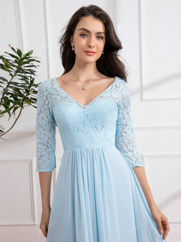 Romantic V-Neck Lace Maxi Dress, Wedding Event Dress