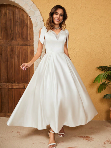 French Satin Bow Knot Tie Wedding Dress