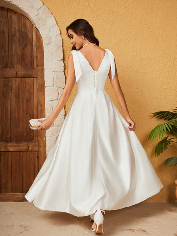 French Satin Bow Knot Tie Wedding Dress