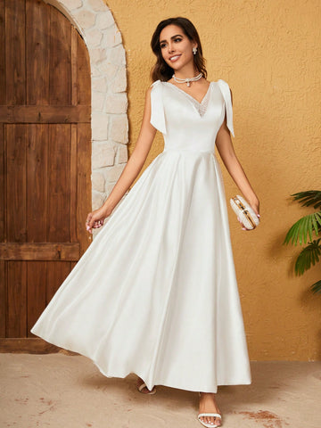 French Satin Bow Knot Tie Wedding Dress