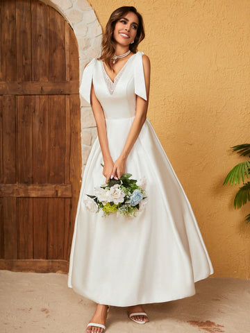 French Satin Bow Knot Tie Wedding Dress