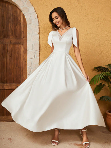 French Satin Bow Knot Tie Wedding Dress