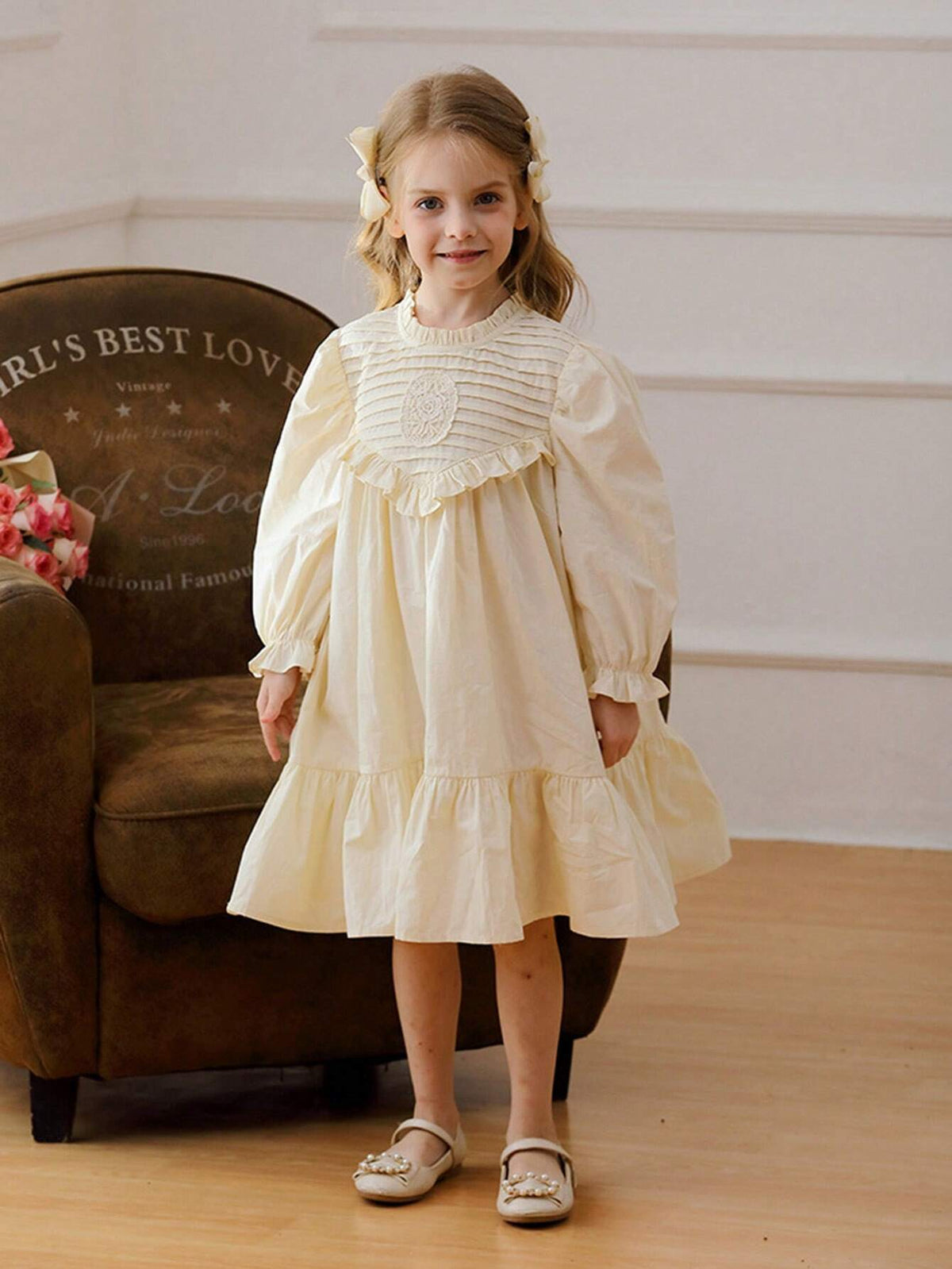 French Stand Collar Pleated Long Sleeve Ruffle Hem Girl Dress, Sweet Princess Mid & Little Kid Dress, Autumn