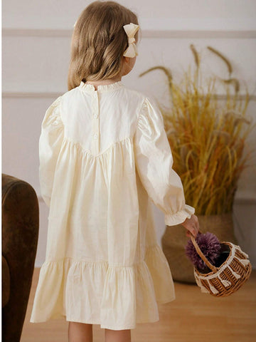 French Stand Collar Pleated Long Sleeve Ruffle Hem Girl Dress, Sweet Princess Mid & Little Kid Dress, Autumn
