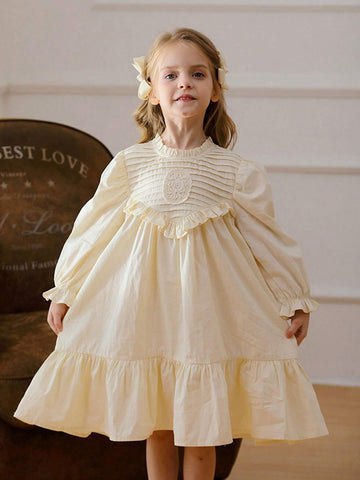 French Stand Collar Pleated Long Sleeve Ruffle Hem Girl Dress, Sweet Princess Mid & Little Kid Dress, Autumn