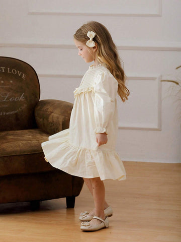 French Stand Collar Pleated Long Sleeve Ruffle Hem Girl Dress, Sweet Princess Mid & Little Kid Dress, Autumn