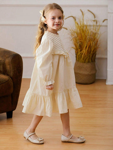 French Stand Collar Pleated Long Sleeve Ruffle Hem Girl Dress, Sweet Princess Mid & Little Kid Dress, Autumn