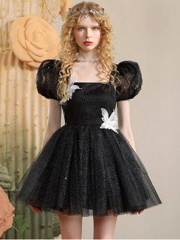 French Style High Waist Silver Point Sheer Black Cocktail Party Formal Dress Skirt Without Decorative Flowers