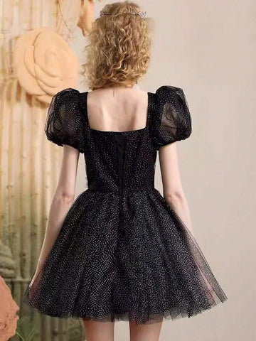 French Style High Waist Silver Point Sheer Black Cocktail Party Formal Dress Skirt Without Decorative Flowers