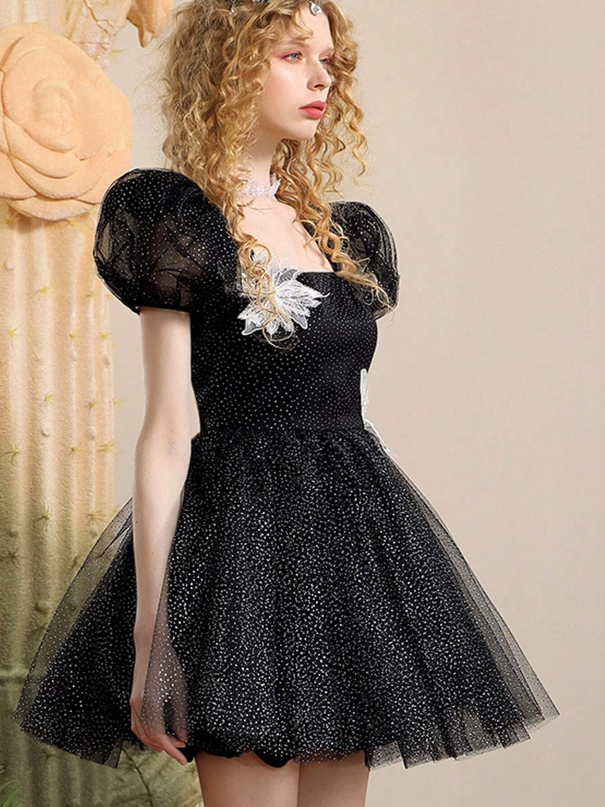 French Style High Waist Silver Point Sheer Black Cocktail Party Formal Dress Skirt Without Decorative Flowers