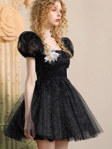 French Style High Waist Silver Point Sheer Black Cocktail Party Formal Dress Skirt Without Decorative Flowers