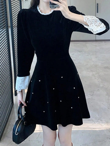 French Style Women Fashion Elegant Velvet Casual Black Dress Vintage Chic A-Line Party Birthday Clothes
