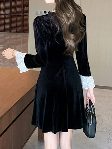 French Style Women Fashion Elegant Velvet Casual Black Dress Vintage Chic A-Line Party Birthday Clothes