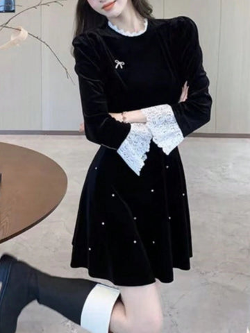 French Style Women Fashion Elegant Velvet Casual Black Dress Vintage Chic A-Line Party Birthday Clothes