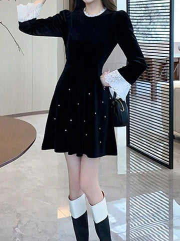 French Style Women Fashion Elegant Velvet Casual Black Dress Vintage Chic A-Line Party Birthday Clothes