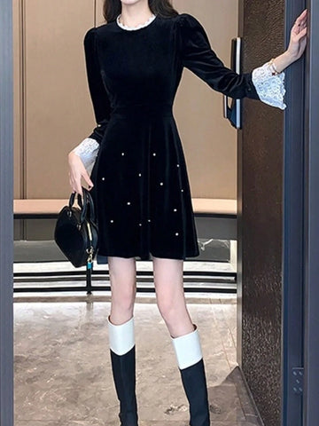 French Style Women Fashion Elegant Velvet Casual Black Dress Vintage Chic A-Line Party Birthday Clothes