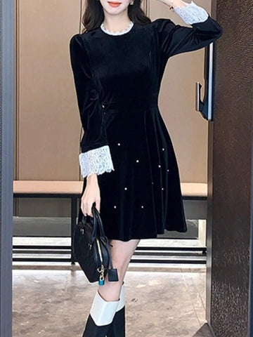 French Style Women Fashion Elegant Velvet Casual Black Dress Vintage Chic A-Line Party Birthday Clothes