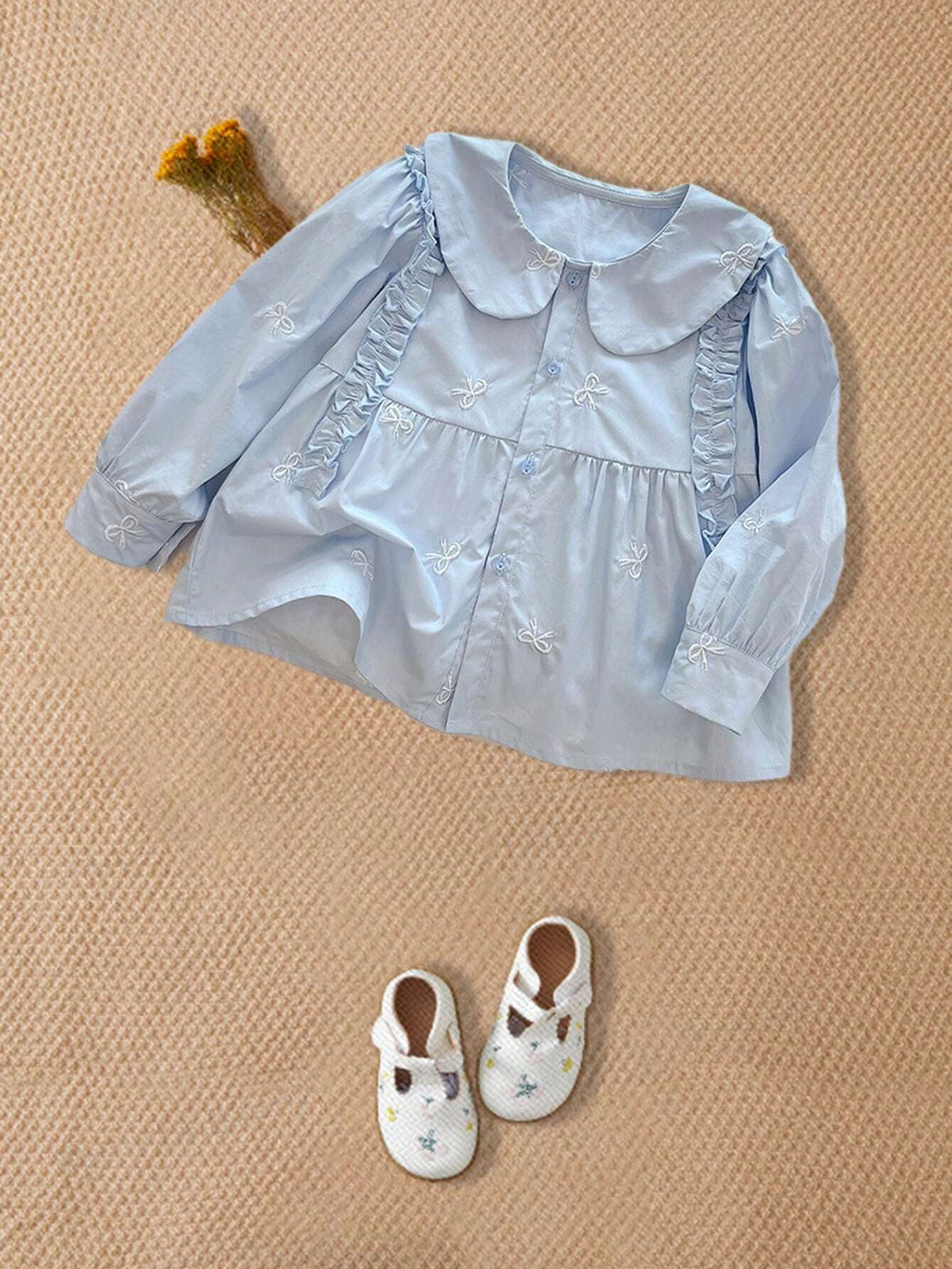 French Sweet Long Sleeve Cotton Smock Blouse With Ruffle Trim