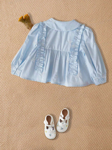 French Sweet Long Sleeve Cotton Smock Blouse With Ruffle Trim