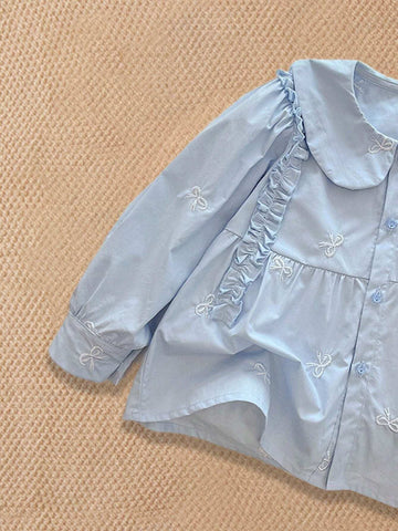 French Sweet Long Sleeve Cotton Smock Blouse With Ruffle Trim