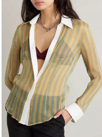 Fresh And Bright Striped Contrasting Semi Transparent Sexy Shirt