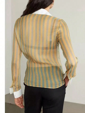 Fresh And Bright Striped Contrasting Semi Transparent Sexy Shirt