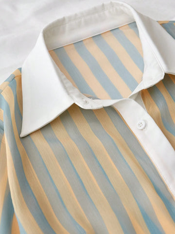 Fresh And Bright Striped Contrasting Semi Transparent Sexy Shirt