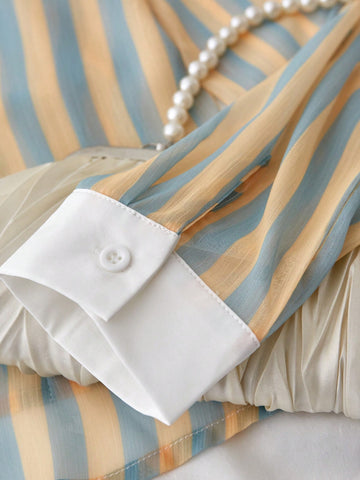 Fresh And Bright Striped Contrasting Semi Transparent Sexy Shirt