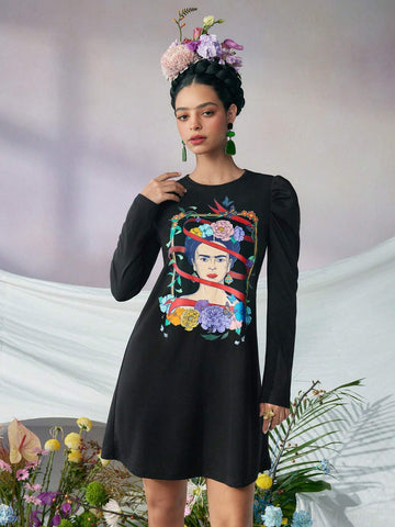 Fall And Winter, Black Mutton Sleeve Round Neck Dress, Plant Portrait Print, Surrealism, Self