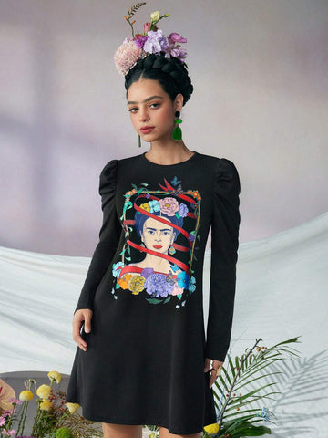 Fall And Winter, Black Mutton Sleeve Round Neck Dress, Plant Portrait Print, Surrealism, Self