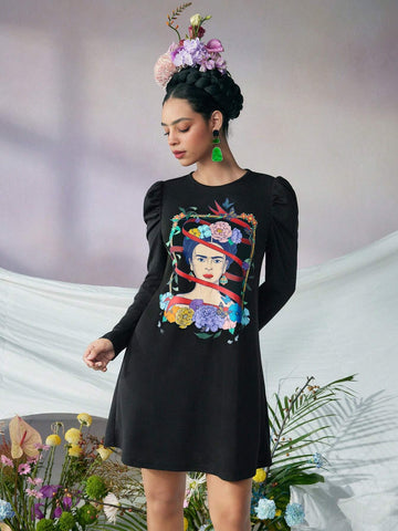 Fall And Winter, Black Mutton Sleeve Round Neck Dress, Plant Portrait Print, Surrealism, Self