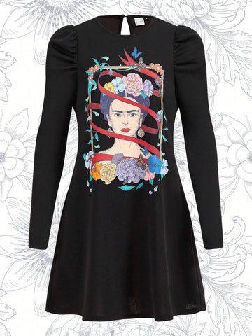 Fall And Winter, Black Mutton Sleeve Round Neck Dress, Plant Portrait Print, Surrealism, Self