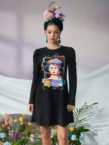 Fall And Winter, Black Mutton Sleeve Round Neck Dress, Plant Portrait Print, Surrealism, Self