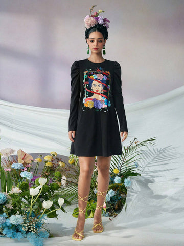Fall And Winter, Black Mutton Sleeve Round Neck Dress, Plant Portrait Print, Surrealism, Self