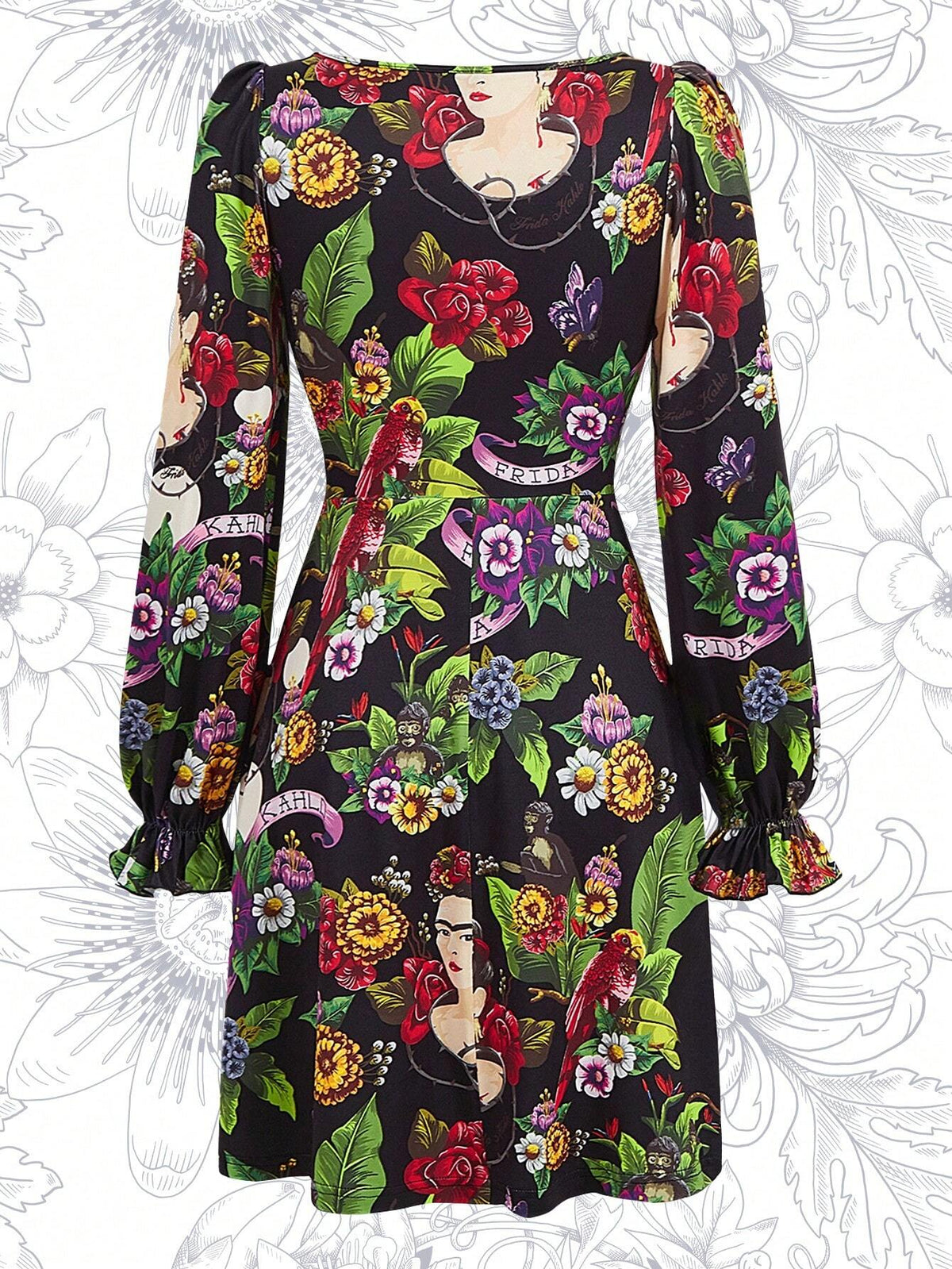Fall And Winter, Black Square-Neck Long-Sleeved Dress, Lace Neckline, Plant Portrait Bird