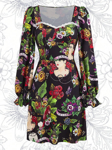 Fall And Winter, Black Square-Neck Long-Sleeved Dress, Lace Neckline, Plant Portrait Bird