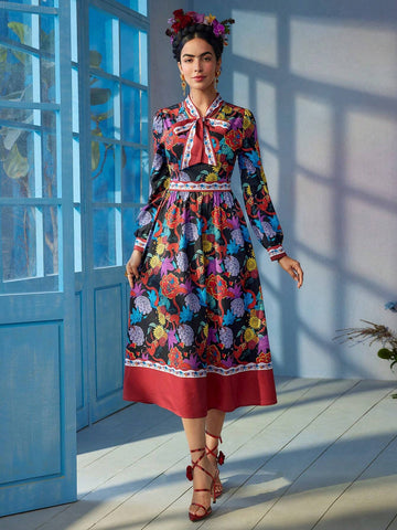 Floral Print Tie Neck Lantern Sleeve Dress