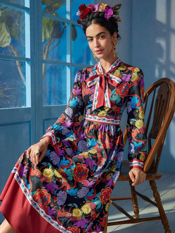 Floral Print Tie Neck Lantern Sleeve Dress