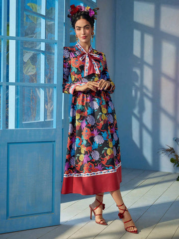 Floral Print Tie Neck Lantern Sleeve Dress