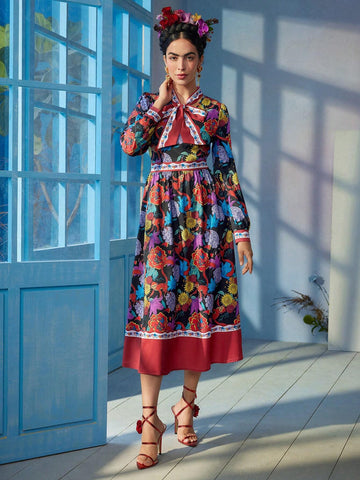Floral Print Tie Neck Lantern Sleeve Dress