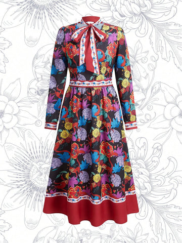 Floral Print Tie Neck Lantern Sleeve Dress