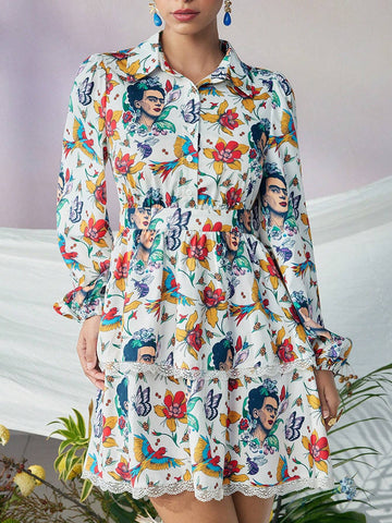 Women Surrealism Floral Print Contrast Lace White Long Sleeves Mini Dress,Fall/Autumn