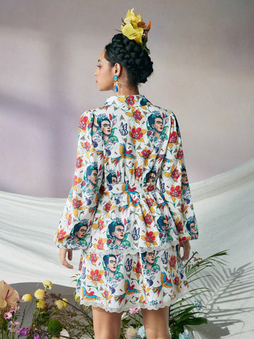 Women Surrealism Floral Print Contrast Lace White Long Sleeves Mini Dress,Fall/Autumn