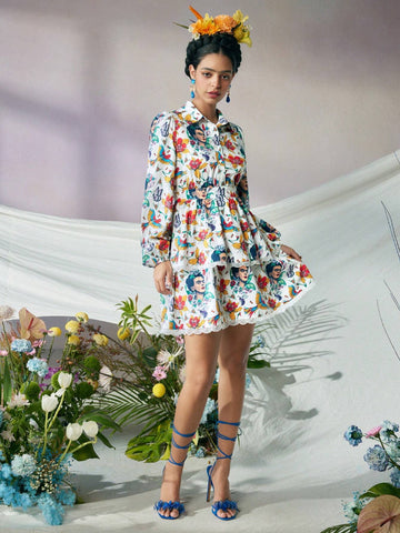 Women Surrealism Floral Print Contrast Lace White Long Sleeves Mini Dress,Fall/Autumn