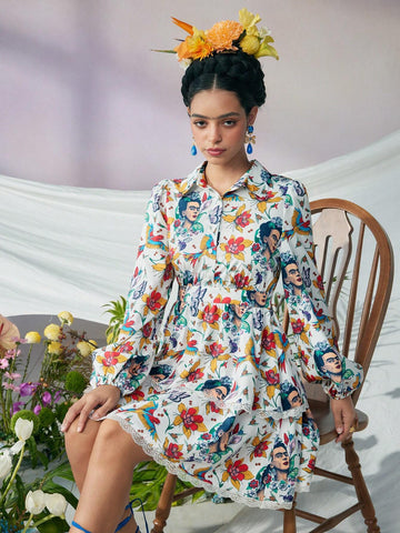 Women Surrealism Floral Print Contrast Lace White Long Sleeves Mini Dress,Fall/Autumn