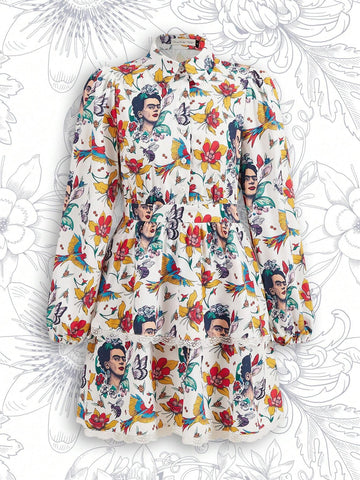 Women Surrealism Floral Print Contrast Lace White Long Sleeves Mini Dress,Fall/Autumn