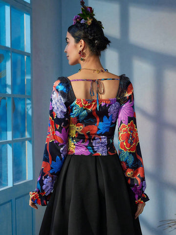 Floral Print Lace Panel Square Neck Flare Sleeve Blouse