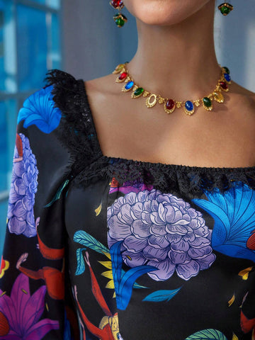 Floral Print Lace Panel Square Neck Flare Sleeve Blouse