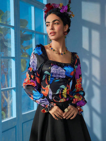 Floral Print Lace Panel Square Neck Flare Sleeve Blouse