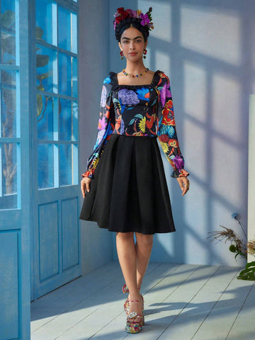 Floral Print Lace Panel Square Neck Flare Sleeve Blouse